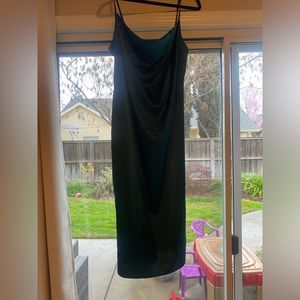 Spaghetti strap satin midi dress in emerald green…